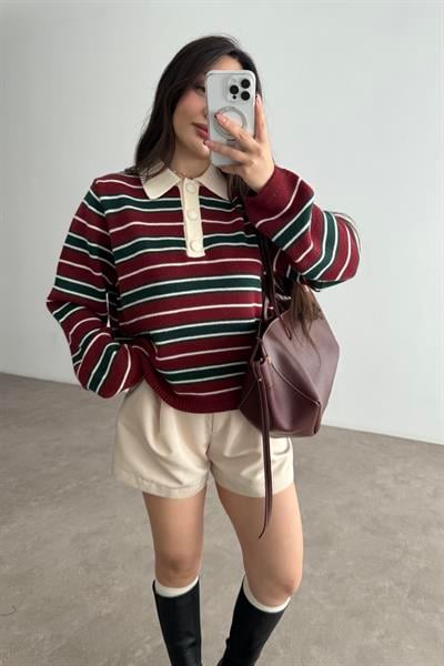 Pola Yaka Düğmeli Bordo Çizgili Triko Kazak