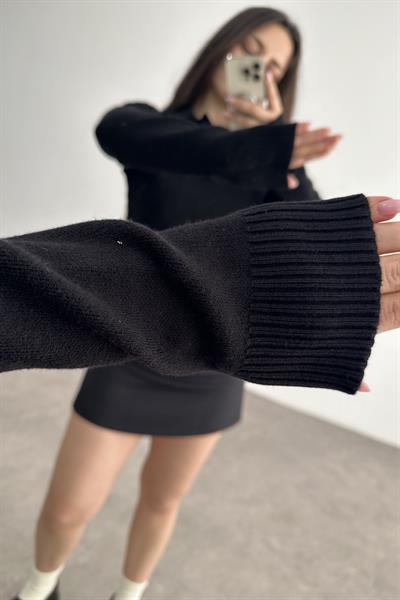 Polo Yaka Düğmeli Modal Triko Siyah