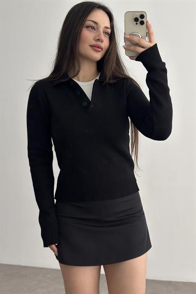 Polo Yaka Düğmeli Modal Triko Siyah