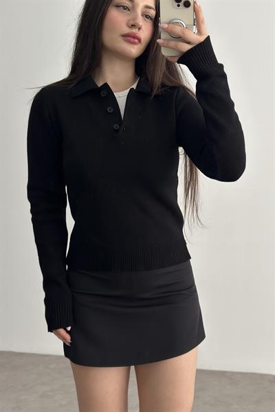 Polo Yaka Düğmeli Modal Triko Siyah