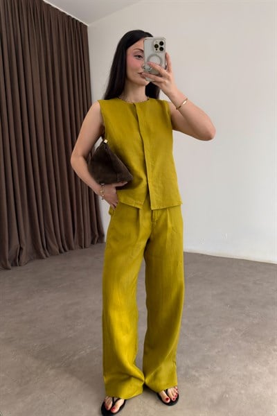 Premium %100 Keten Yağ Yeşili Pantolon Takım