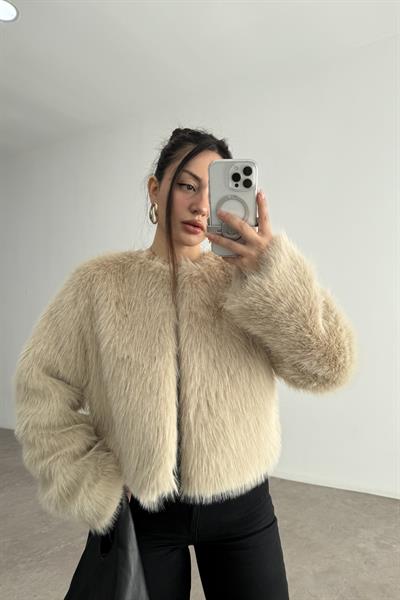 Premium Abbey Sıfır Yaka Bej Kürk