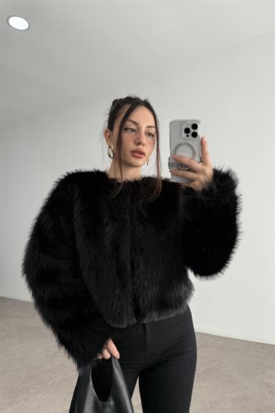 Premium Abbey Sıfır Yaka Siyah Kürk