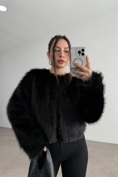 Premium Abbey Sıfır Yaka Siyah Kürk