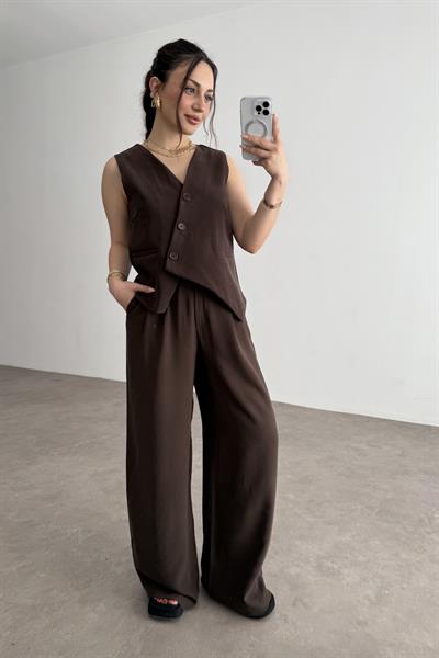 Premium Asimetrik Kesim Yelekli Kahve Takım