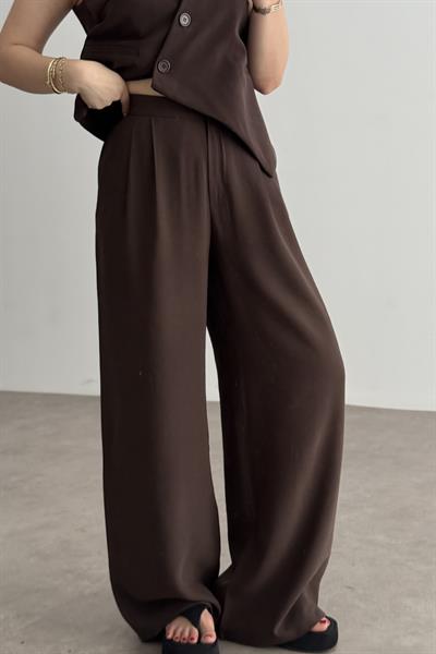 Premium Asimetrik Kesim Yelekli Kahve Takım