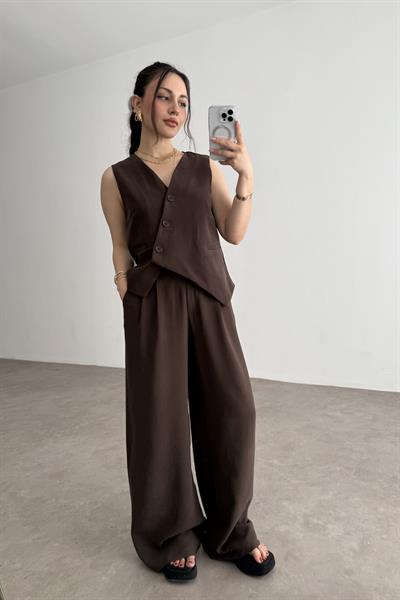 Premium Asimetrik Kesim Yelekli Kahve Takım