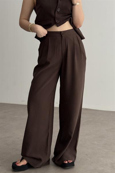 Premium Asimetrik Kesim Yelekli Kahve Takım