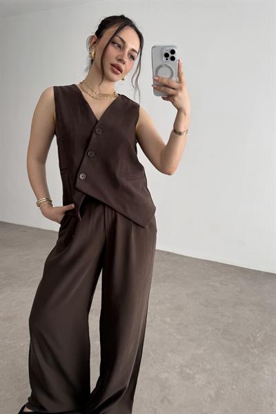 Premium Asimetrik Kesim Yelekli Kahve Takım