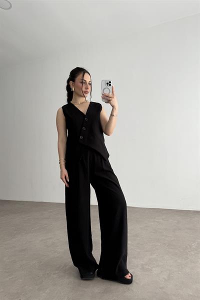 Premium Asimetrik Kesim Yelekli Siyah Takım