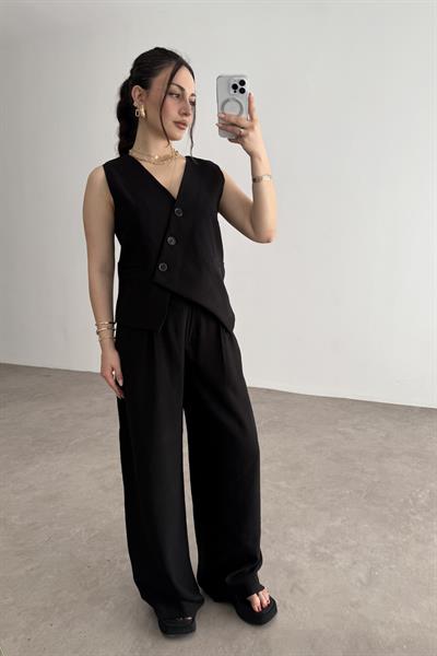 Premium Asimetrik Kesim Yelekli Siyah Takım