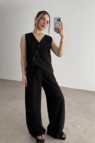 Premium Asimetrik Kesim Yelekli Siyah Takım