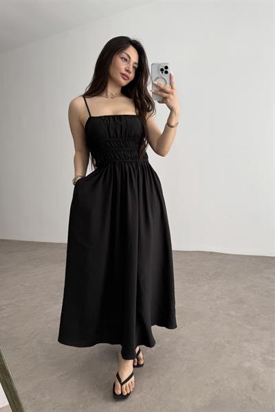 Premium Askılı Beli Lastikli Midi Elbise Siyah