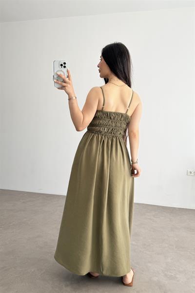 Premium Askılı Beli Lastikli Midi Elbise Haki 
