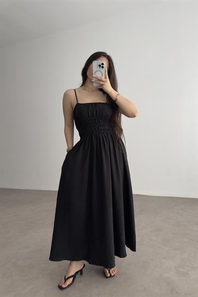 Premium Askılı Beli Lastikli Midi Elbise Siyah