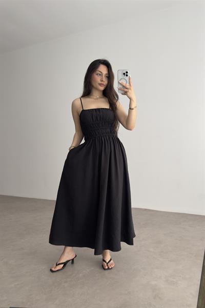 Premium Askılı Beli Lastikli Midi Elbise Siyah