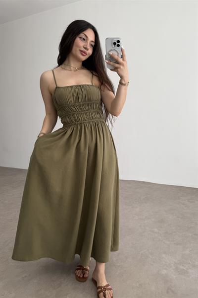 Premium Askılı Beli Lastikli Midi Elbise Haki 