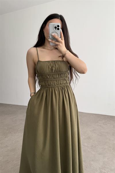 Premium Askılı Beli Lastikli Midi Elbise Haki 