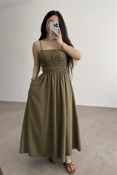 Premium Askılı Beli Lastikli Midi Elbise Haki 