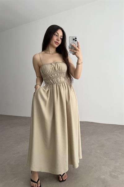Premium Askılı Beli Lastikli Midi Elbise Taş 