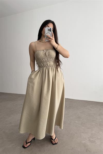 Premium Askılı Beli Lastikli Midi Elbise Taş 