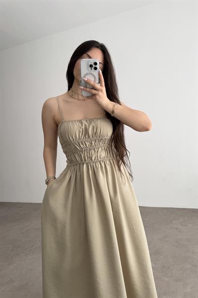 Premium Askılı Beli Lastikli Midi Elbise Taş 