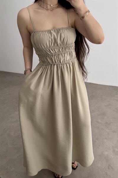 Premium Askılı Beli Lastikli Midi Elbise Taş 