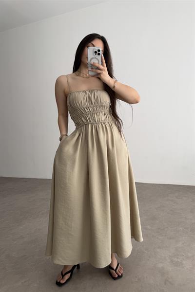 Premium Askılı Beli Lastikli Midi Elbise Taş 