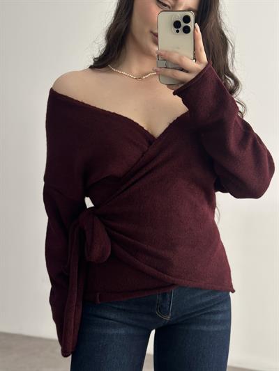 Premium Bağlama Detaylı Bordo Kazak