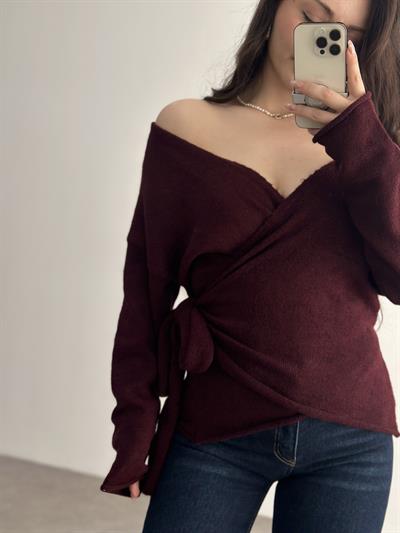 Premium Bağlama Detaylı Bordo Kazak