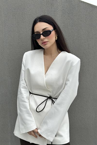 Premium Bağlama Detaylı Çizgili Blazer Ceket