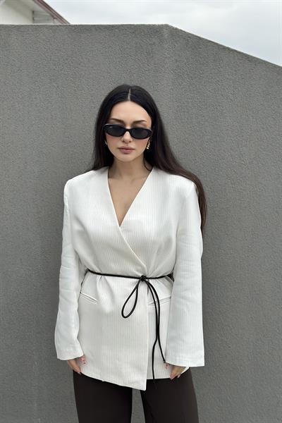 Premium Bağlama Detaylı Çizgili Blazer Ceket