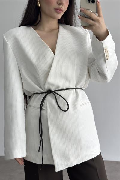 Premium Bağlama Detaylı Çizgili Blazer Ceket