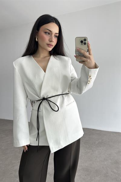 Premium Bağlama Detaylı Çizgili Blazer Ceket