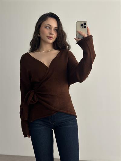 Premium Bağlama Detaylı Kahve Kazak