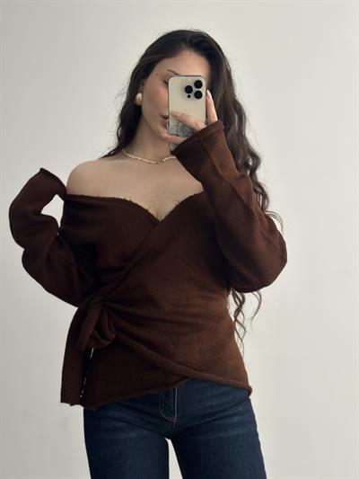 Premium Bağlama Detaylı Kahve Kazak