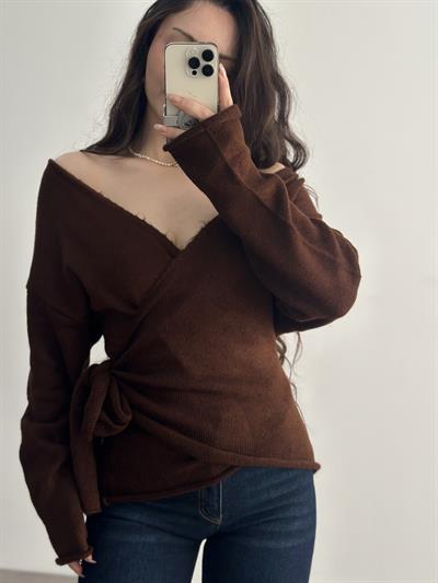 Premium Bağlama Detaylı Kahve Kazak