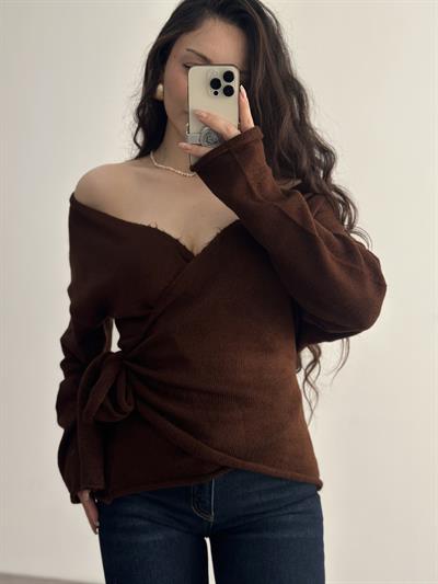 Premium Bağlama Detaylı Kahve Kazak