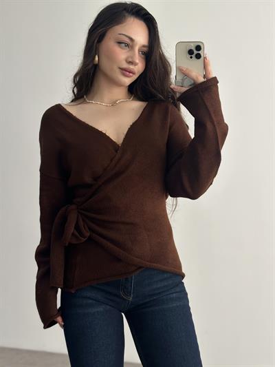 Premium Bağlama Detaylı Kahve Kazak