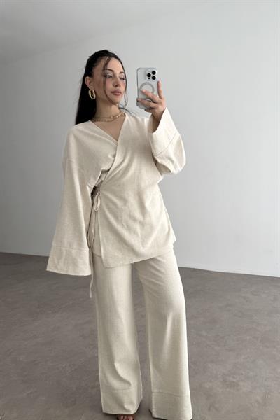 Premium Bağlama Detaylı Keten Kimono Takım Natural