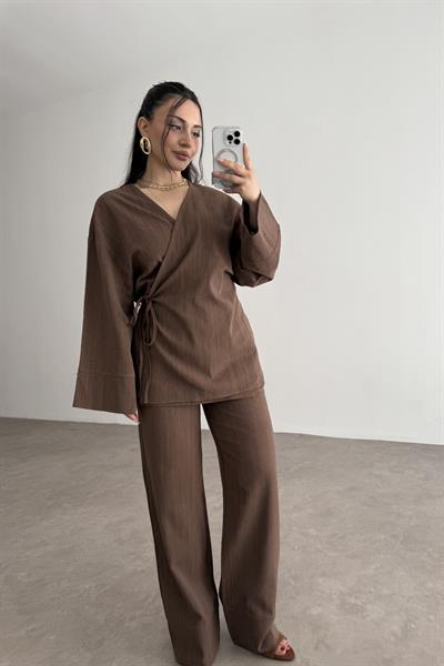 Premium Bağlama Detaylı Keten Kimono Takım Kahve