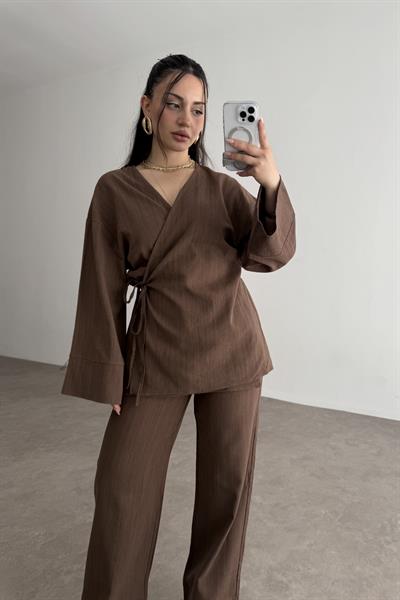 Premium Bağlama Detaylı Keten Kimono Takım Kahve