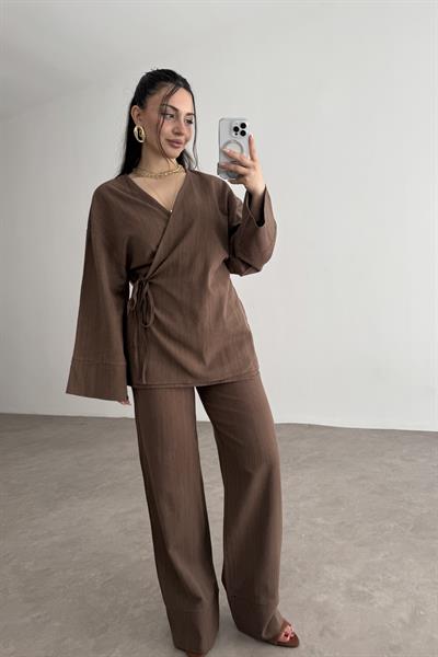 Premium Bağlama Detaylı Keten Kimono Takım Kahve