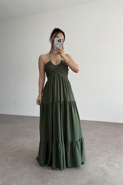 Premium Bağlama Detaylı Salaş Elbise Haki