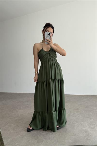 Premium Bağlama Detaylı Salaş Elbise Haki