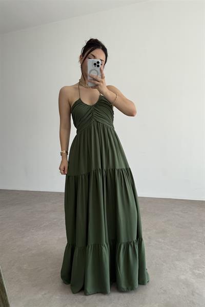 Premium Bağlama Detaylı Salaş Elbise Haki