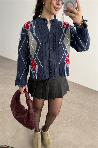 Premium Baklava Desen İndigo-Kırmızı Saçaklı Hırka