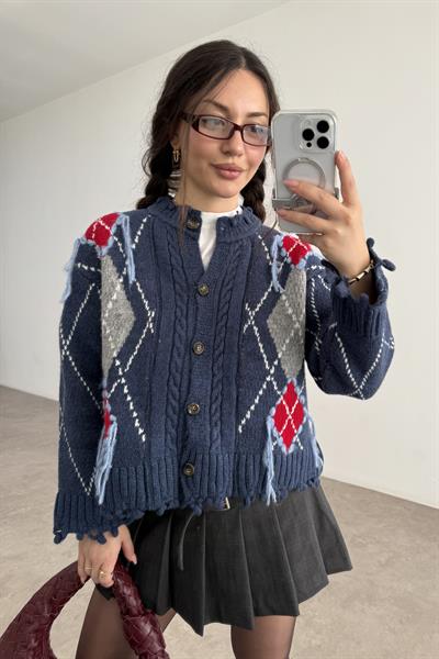 Premium Baklava Desen İndigo-Kırmızı Saçaklı Hırka