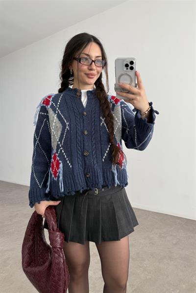 Premium Baklava Desen İndigo-Kırmızı Saçaklı Hırka