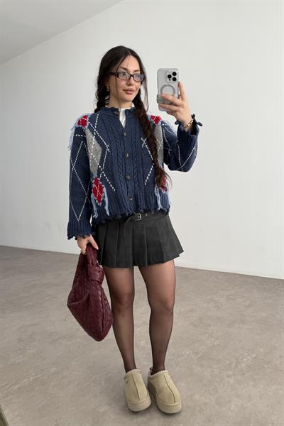 Premium Baklava Desen İndigo-Kırmızı Saçaklı Hırka